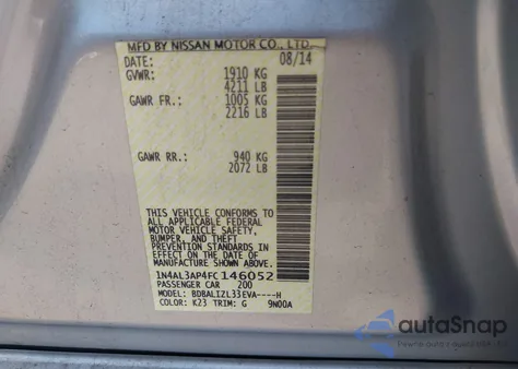 2015 Nissan Altima 2.5 Sv from USA, damaged, VIN 1N4AL3AP4FC146052